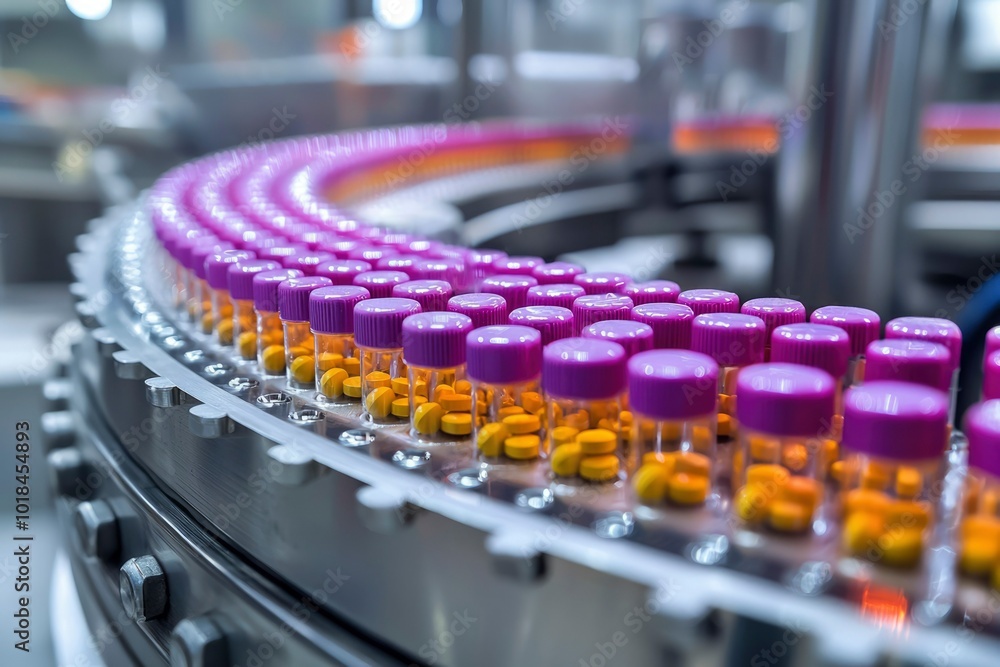 Obraz premium Conveyor Belt with Rows of Purple-Capped Bottles Filled with Yellow Pills