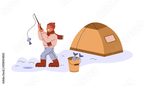 Vector graphic a boy with a fishing rod fishing in a winter setting