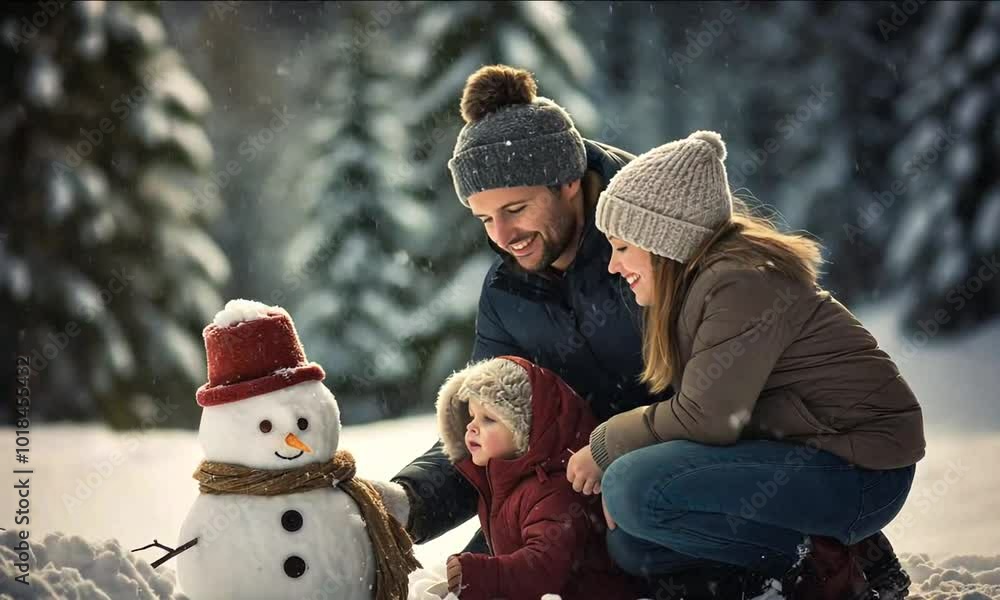 Family with a baby making a snowman outdoors Family with a baby making a snowman outdoors