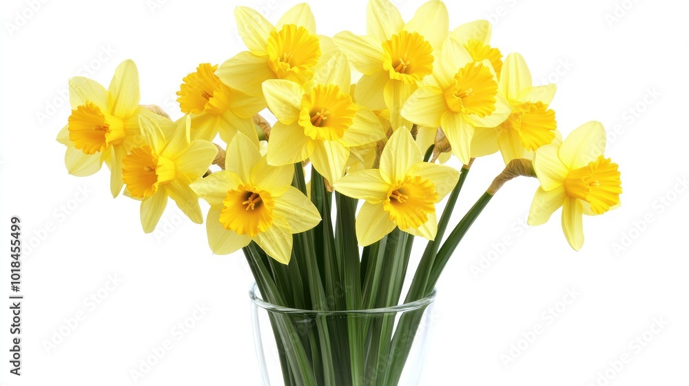 Classic daffodils in a simple glass vase, their yellow petals and green stems standing out on a white backdrop. Classic daffodils in a simple glass vase, their yellow petals and green stems standing out on a white backdrop.