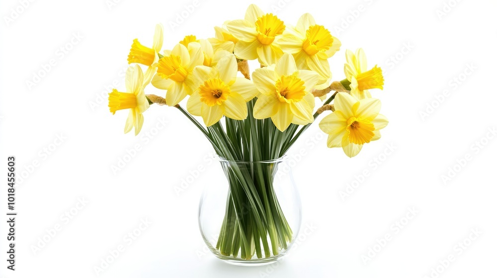 Classic daffodils in a simple glass vase, their yellow petals and green stems standing out on a white backdrop. Classic daffodils in a simple glass vase, their yellow petals and green stems standing out on a white backdrop.