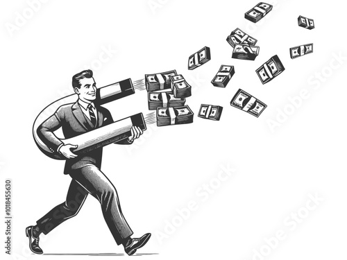 businessman with large magnet attract money cash, wealth and financial success sketch engraving generative ai fictional character vector illustration. Scratch board imitation. Black and white image.