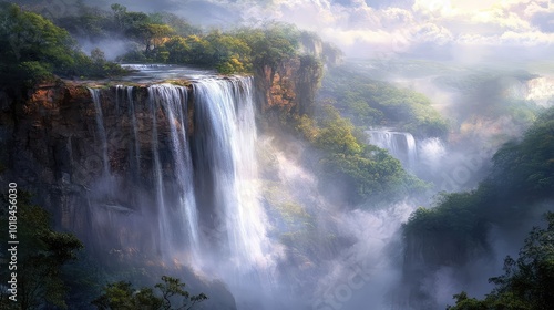 The waterfall flows horizontally along the cliffside, defying gravity, as vapor and mist swirl around the gravity-shifted cascade.