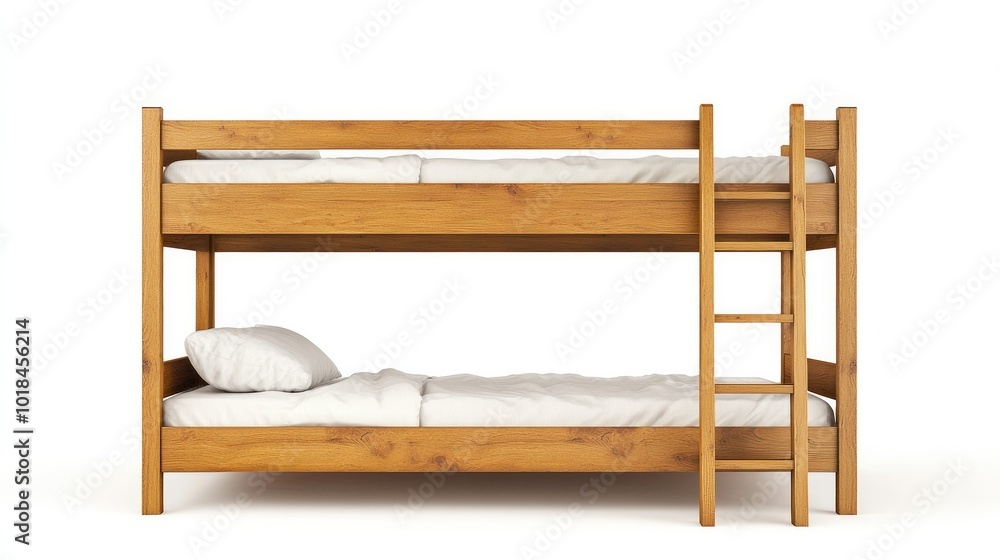 Classic wooden bunk bed with ladder, featuring clean lines and white bedding, isolated on a bright white background. Classic wooden bunk bed with ladder, featuring clean lines and white bedding, isolated on a bright white background.