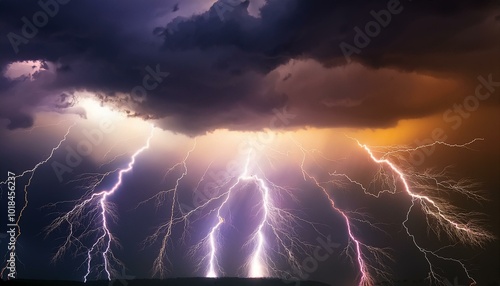 Thunder and lightning in the sky; dramatic weather in the sky with lightning bolts coming down from the dark clouds; weather photography; mother nature; thunder strike and crazy climate