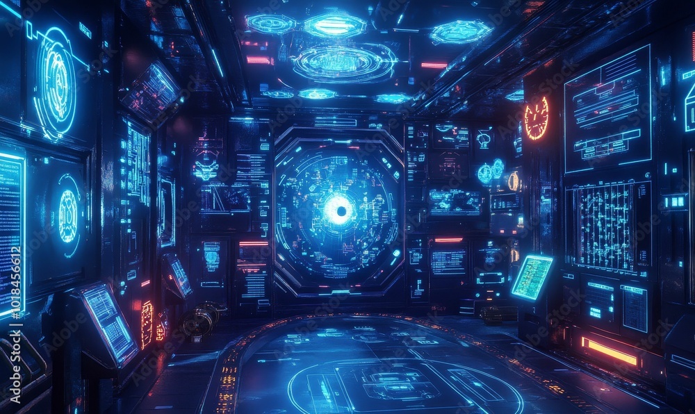 Futuristic control room with glowing displays. Futuristic control room with glowing displays.