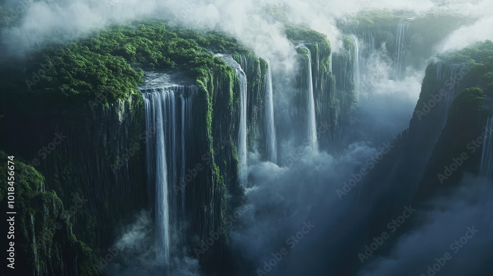 The waterfall flows sideways across a vast landscape, defying gravity with mist and vapor rising around the surreal, shifting cascade. The waterfall flows sideways across a vast landscape, defying gravity with mist and vapor rising around the surreal, shifting cascade.