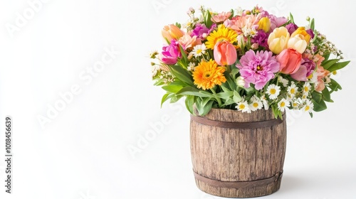 Wallpaper Mural Colorful mixed bouquet with tulips, daisies, and carnations in a rustic wooden vase on a plain white background. Torontodigital.ca