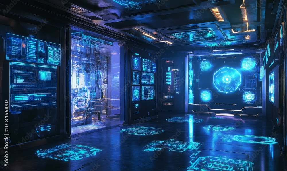 Futuristic room with blue glowing interfaces. Futuristic room with blue glowing interfaces.