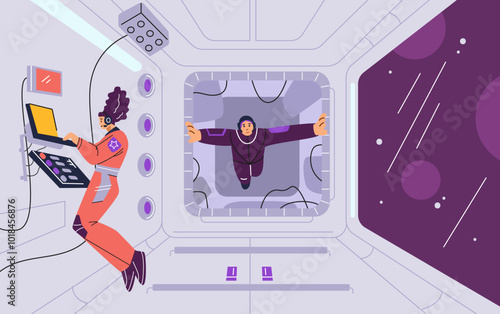 Vector illustration of female astronauts inside a spaceship with a window that overlooks the universe