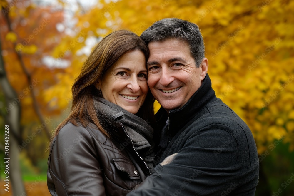 Portrait of a happy mature couple in autumn park, shallow depth of field Portrait of a happy mature couple in autumn park, shallow depth of field