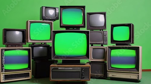 Ten Old TVs turning on Green Screens, Stacked Vintage Tvs Turning On Green Screens, live retro television with green screen display, Retro television turning taken zoomout shot, green screen