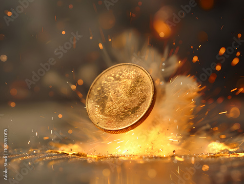 Coin in motion surrounded by sparks and explosion effects