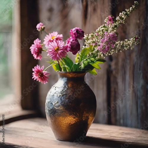 Wallpaper Mural A rustic vase adorned with vibrant flowers placed on a wooden shelf near a window, capturing the beauty of nature indoors Torontodigital.ca