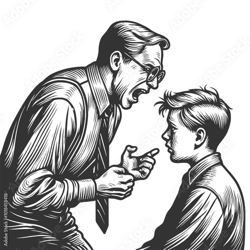 angry father man shouting at his son young boy, intense emotional confrontation, dramatic expression sketch engraving generative ai vector illustration. Scratch board imitation. Black and white image.