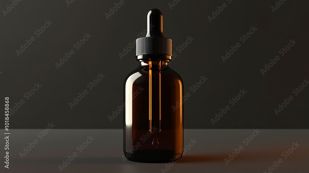 Amber glass dropper bottle on a gray surface. Amber glass dropper bottle on a gray surface.