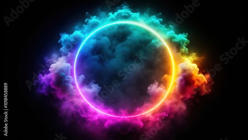 Neon circular frame glowing inside colorful cloud on black background, render, abstract, vibrant, halo, light, glow, digital