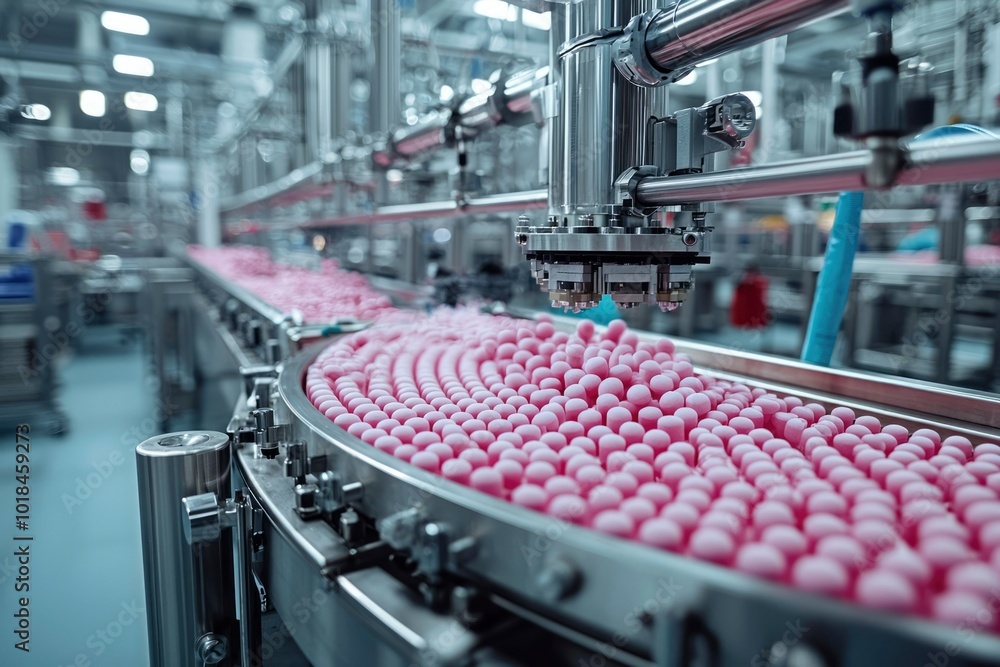 Fototapeta premium Automated Conveyor Belt System Filling Pink Containers