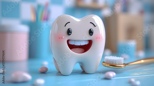 Happy Tooth Character with Toothbrush in Bright Setting