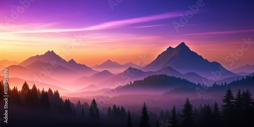 Stylized landscape of mountain view at sunset in purple and violet hues, mountains, landscape, sunset, purple, violet