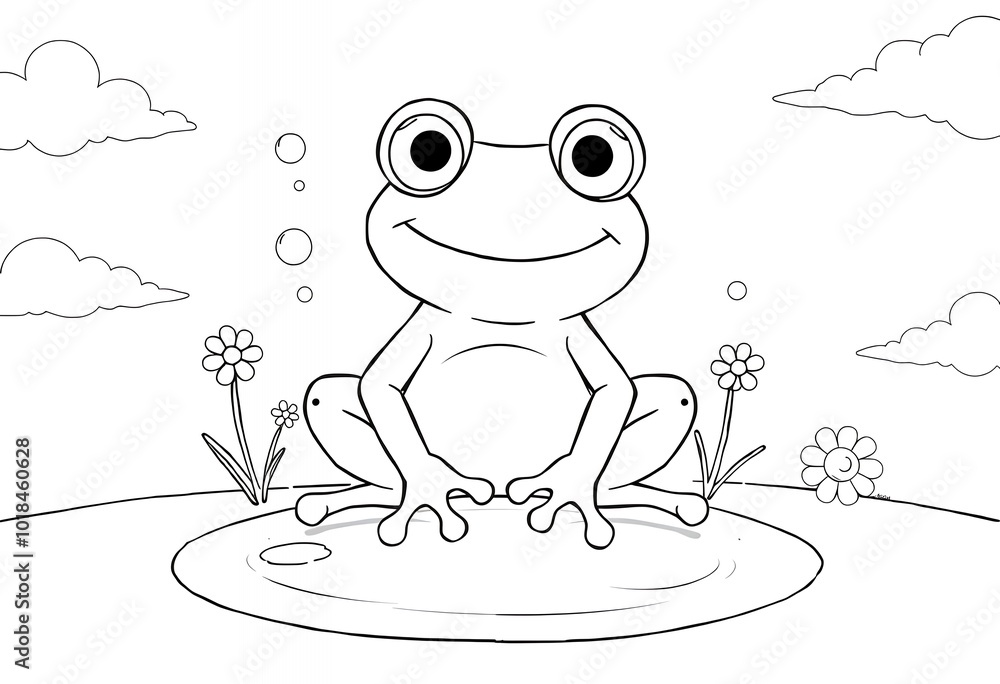 Obraz premium Cute Cartoon Frog Sitting by Pond Coloring Page Illustration