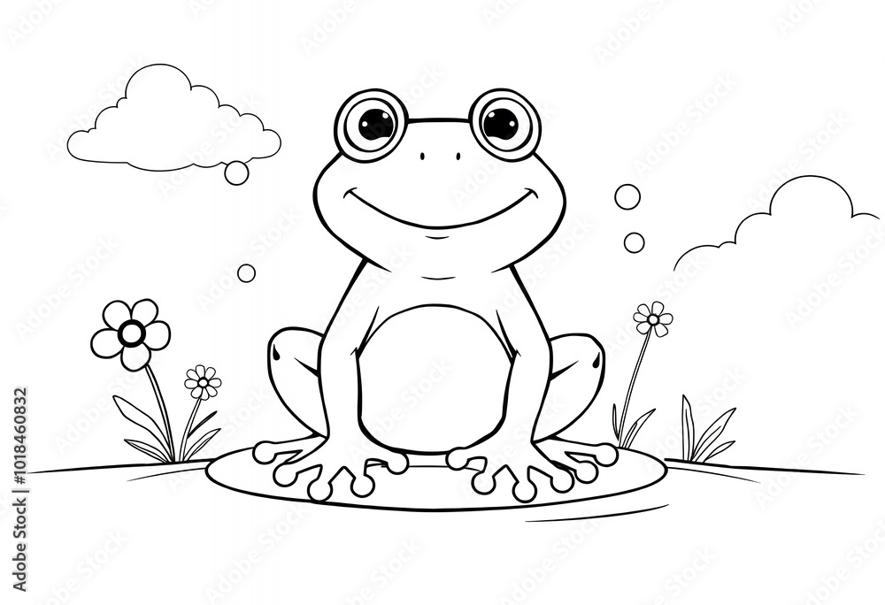 Cute Frog Coloring Page with Flowers and Clouds Kids Activity Book Illustration Cute Frog Coloring Page with Flowers and Clouds Kids Activity Book Illustration