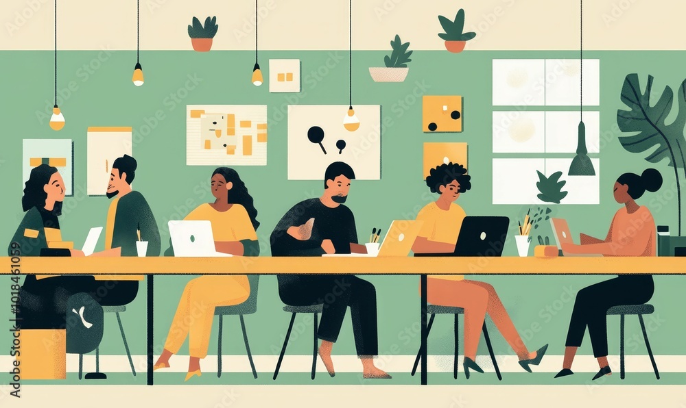 Five people working at a table. Five people working at a table.