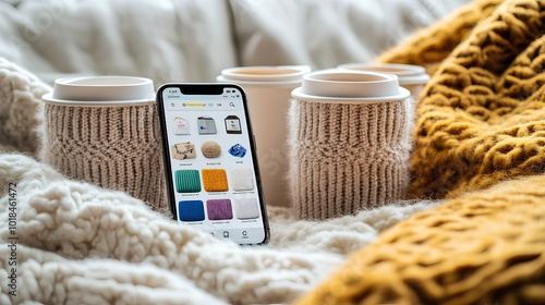 A cozy scene featuring a smartphone and four warm mugs on a soft blanket, perfect for relaxing moments with a touch of creativity.