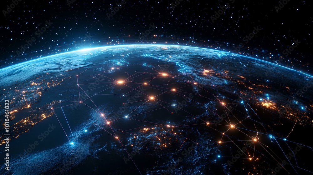 A stunning view of Earth's illuminated surface from space, showcasing vibrant cities, glowing networks, and a starry atmosphere. A stunning view of Earth's illuminated surface from space, showcasing vibrant cities, glowing networks, and a starry atmosphere.