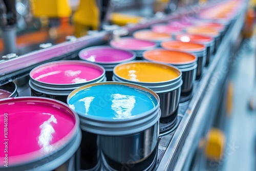 Close-up of Colorful Ink Cans on a Conveyor Belt in a Printing Factory photo