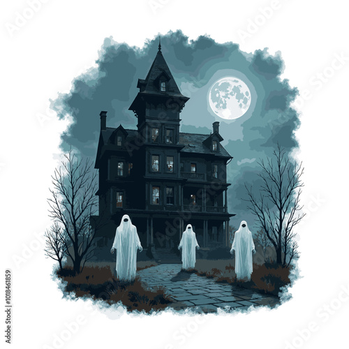 Halloween haunted house T-shirt Design, Hand drawn artistic illustration on a clean white background, Icon Concept isolated. High-quality vector artwork, ideal for spooky t-shirt prints.