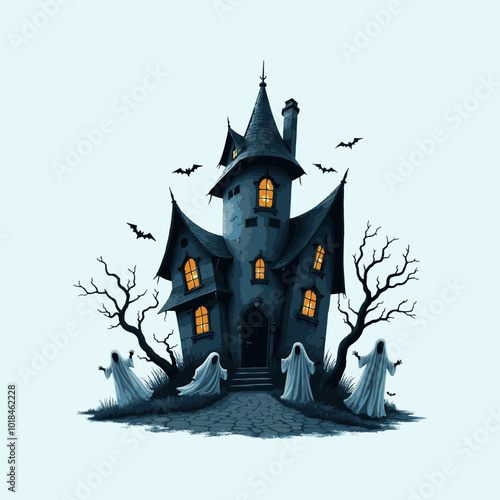 Halloween haunted house T-shirt Design, Hand drawn artistic illustration on a clean white background, Icon Concept isolated. High-quality vector artwork, ideal for spooky t-shirt prints.