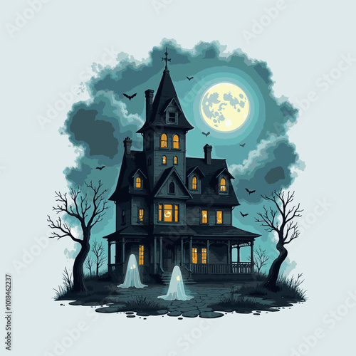 Halloween haunted house T-shirt Design, Hand drawn artistic illustration on a clean white background, Icon Concept isolated. High-quality vector artwork, ideal for spooky t-shirt prints.