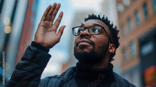 A man making a solemn vow or promise with a raised hand and a serious contemplative expression set against an urban background of buildings and architecture The scene conveys concepts of commitment