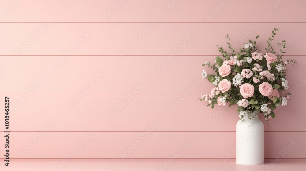 A beautiful arrangement of flowers in a white vase against a soft pink wooden wall, perfect for home decor inspiration A beautiful arrangement of flowers in a white vase against a soft pink wooden wall, perfect for home decor inspiration