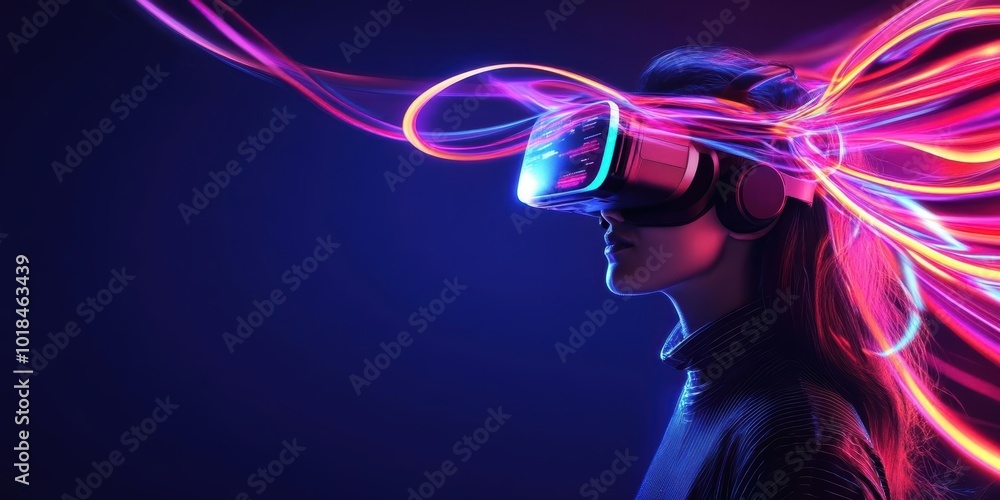 A cyber woman immersed in virtual reality, with neon ribbons swirling around her, symbolizing digital transformation, empty space for advertising A cyber woman immersed in virtual reality, with neon ribbons swirling around her, symbolizing digital transformation, empty space for advertising