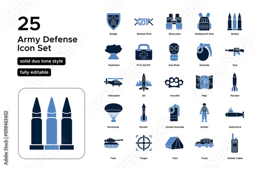 Army Defense Solid Duo Tone Icon Set: Ground Forces, Defense Systems, and National Security Icons