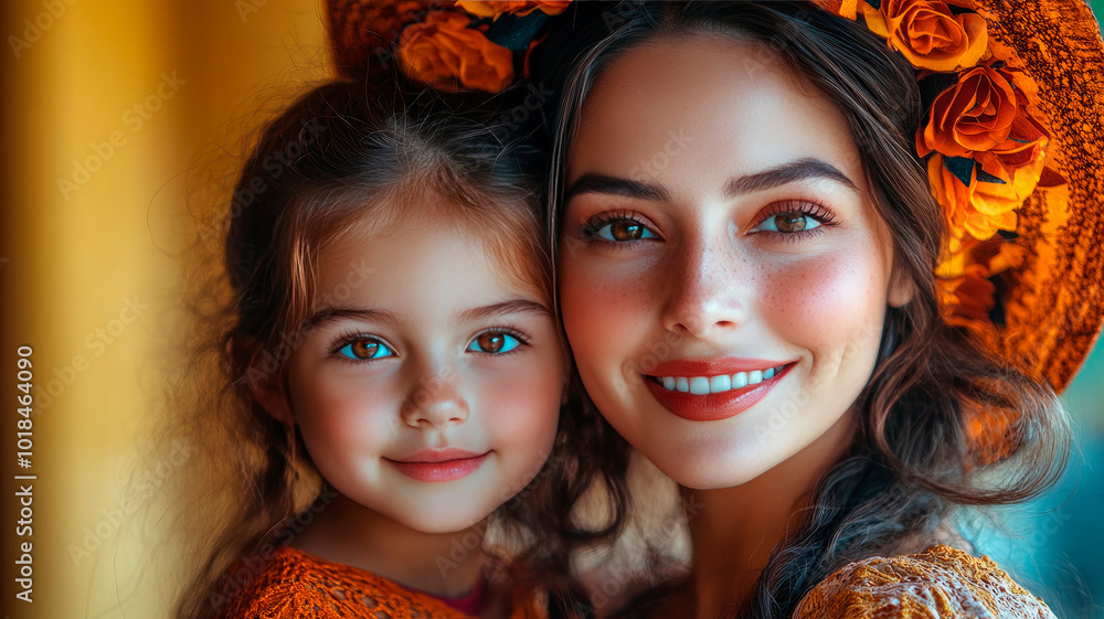 Obraz premium Portrait mum and daughter with Catrina make up look at camera, on yellow background.