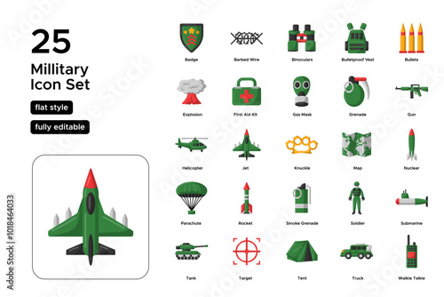 Military Flat Icon Set: Soldiers, Combat Vehicles, and Tactical Operations Icons