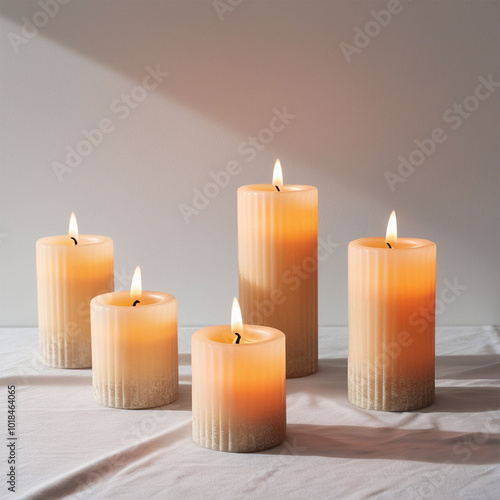 Set of Pillar Candles With Flames Softly Illuminated, Casting Warm and Inviting Glow Png. 