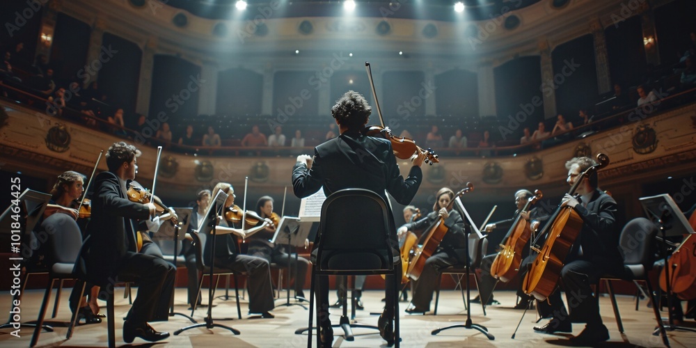 Fototapeta premium Symphonic Unity Musicians Preparing for a Grand Performance, Orchestral Harmony A Glimpse into Symphony Rehearsals 