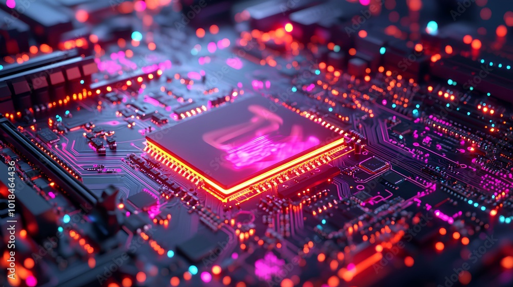 A vibrant, close-up view of a circuit board featuring a luminous microchip, showcasing intricate details and a colorful neon aesthetic. A vibrant, close-up view of a circuit board featuring a luminous microchip, showcasing intricate details and a colorful neon aesthetic.