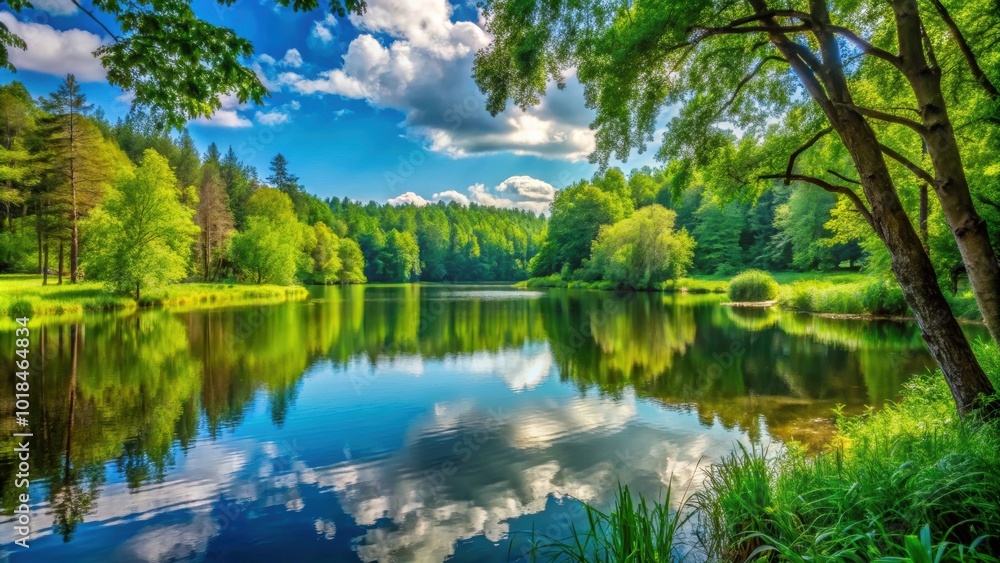 Tranquil summer landscape featuring a forest lake surrounded by lush green trees , summer, landscape, forest, lake, tranquil Tranquil summer landscape featuring a forest lake surrounded by lush green trees , summer, landscape, forest, lake, tranquil