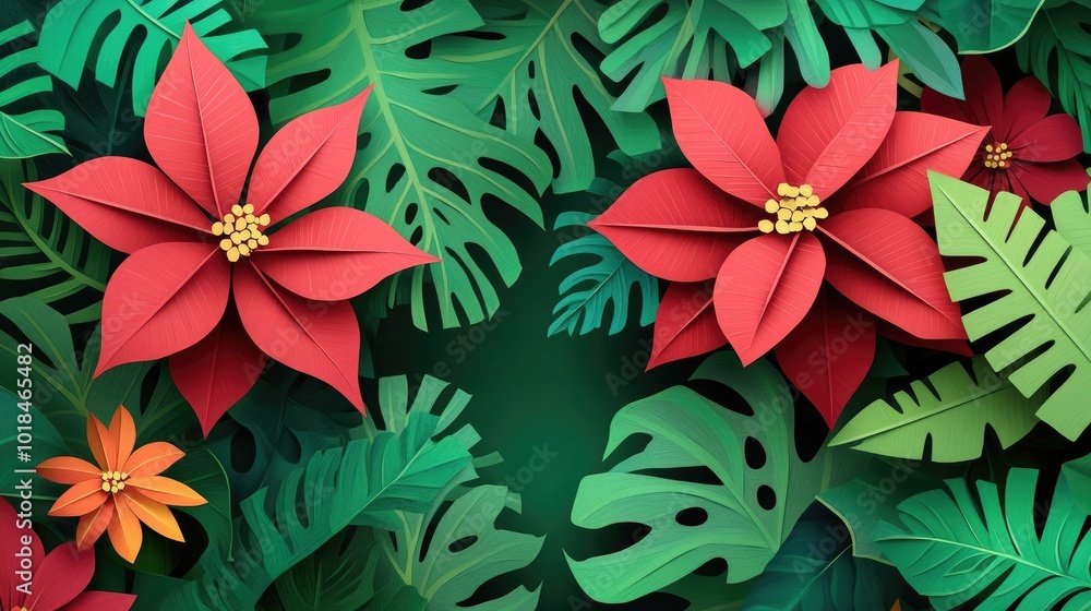 Vibrant euphorbia pulcherrima plant in a lush park setting Colorful poinsettia plant in a green garden environment Vibrant euphorbia pulcherrima plant in a lush park setting Colorful poinsettia plant in a green garden environment