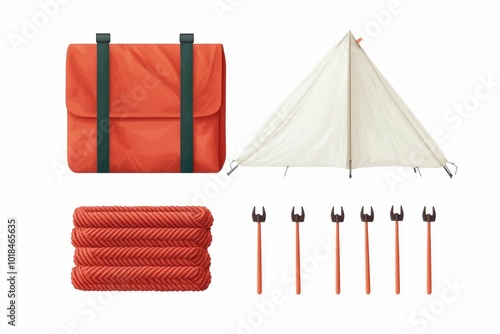 Minimalist of essential camping equipment including a tent tarp ropes and pegs isolated on a clean white background  This image represents the basic necessities for outdoor adventures and expeditions photo