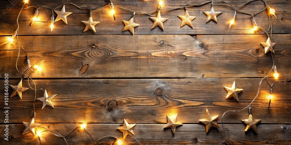 Rustic wooden background with festive lights and stars, perfect for holiday projects, rustic, wooden, background Rustic wooden background with festive lights and stars, perfect for holiday projects, rustic, wooden, background