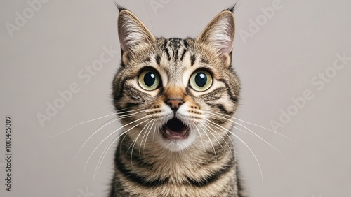 Surprised crazy cat tightly opens its eyes on a light background, pet creativity