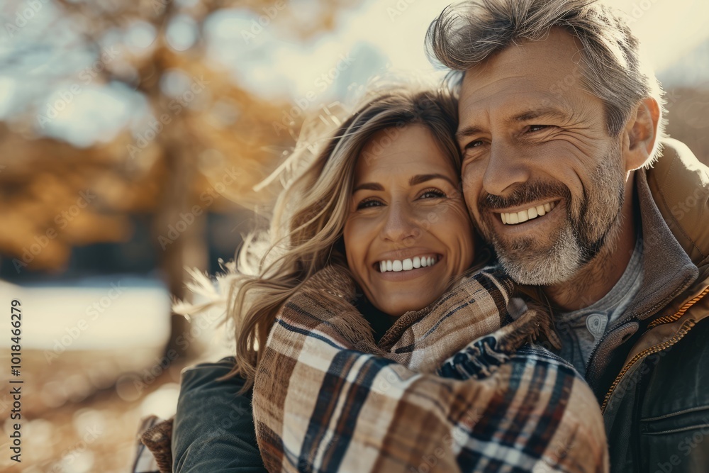 Happy middle-aged couple is hugging and smiling while walking in autumn park. Happy middle-aged couple is hugging and smiling while walking in autumn park.