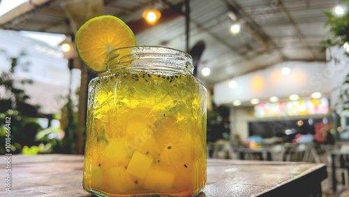 Fresh drink garnished with lemon on the cafe table