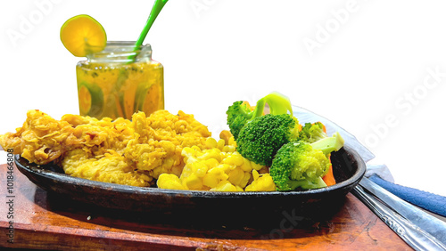 Fried chicken with broccoli set with fresh drink isolated on white background